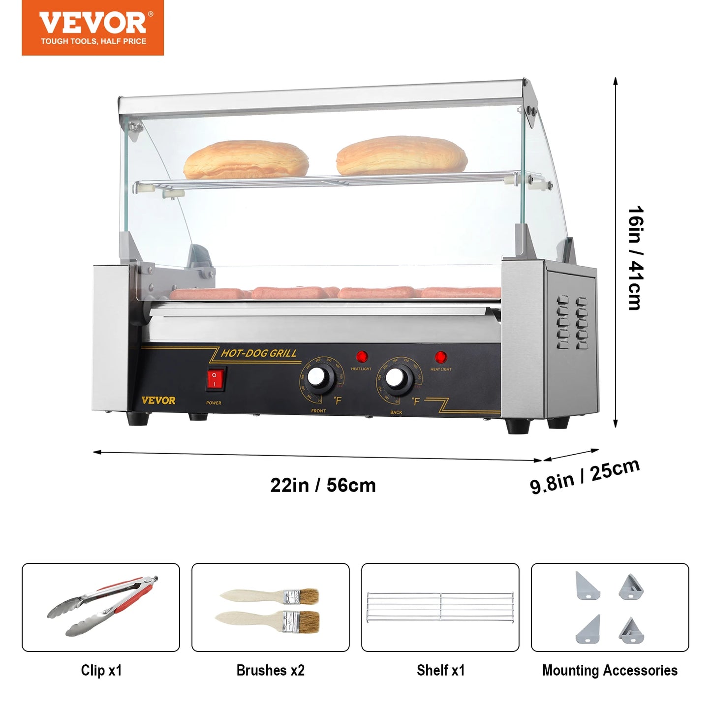 VEVOR Hot Dog Roller 5Rollers 12 Hot Dogs Capacity 750W Stainless Sausage Grill Cooker Machine with Dual Temp Control Glass Hood