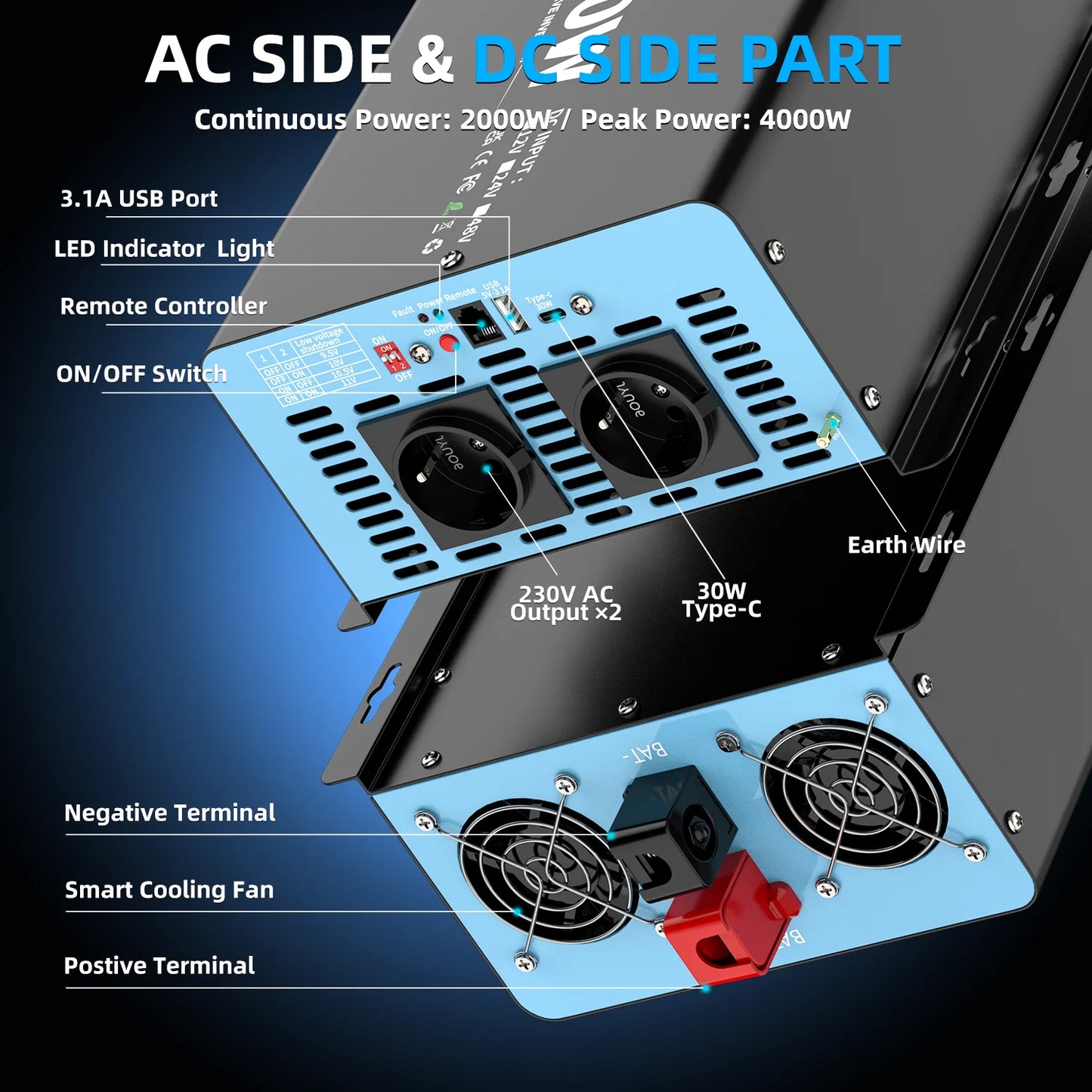 Convertitore voltmetro per auto LCD con presa UE da 2000 W, potenza continua, onda sinusoidale pura, potenza di picco, 4000 W CC 12 V a CA 230 V 50 Hz