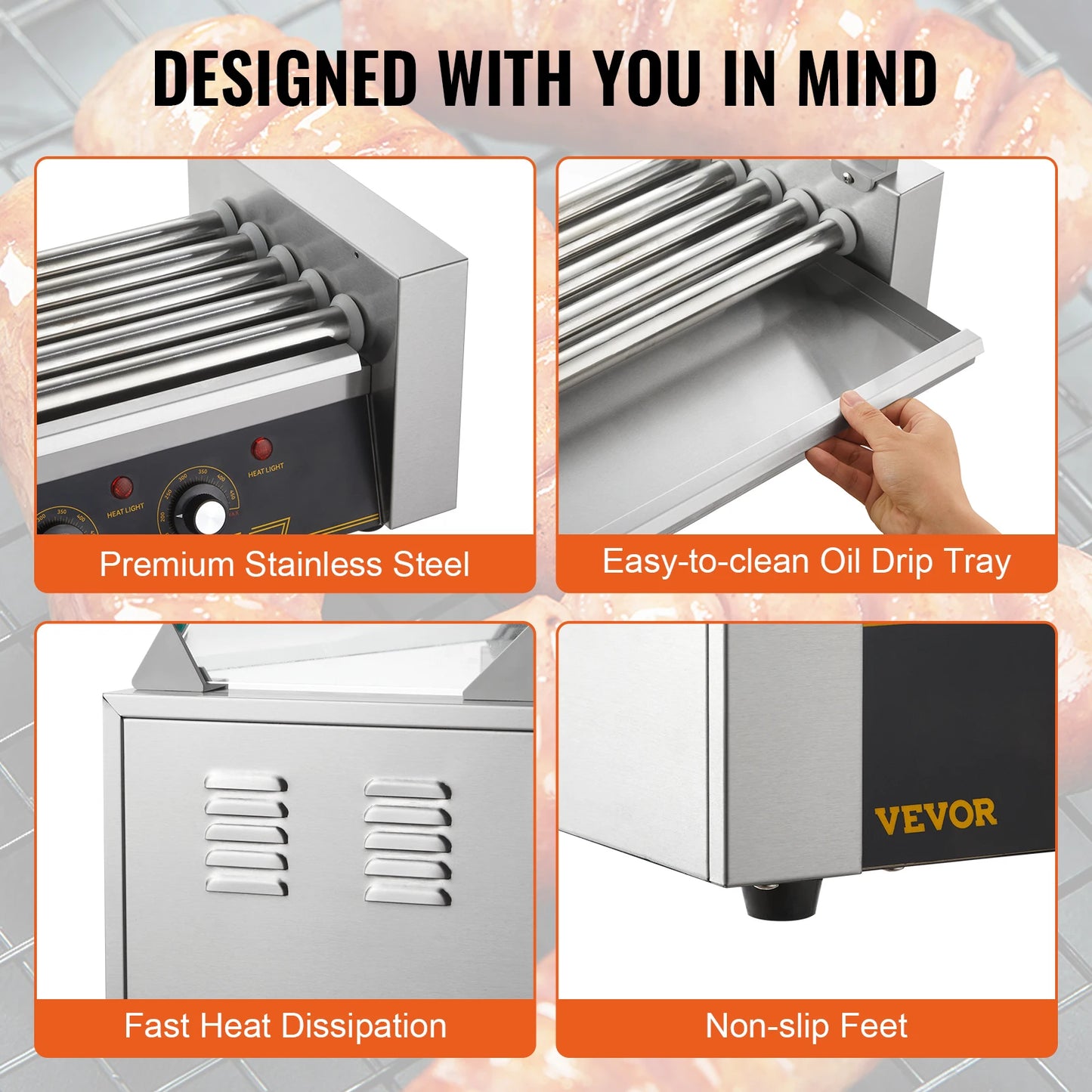 VEVOR Hot Dog Roller 5Rollers 12 Hot Dogs Capacity 750W Stainless Sausage Grill Cooker Machine with Dual Temp Control Glass Hood