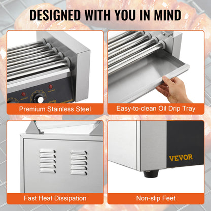 VEVOR Hot Dog Roller 5Rollers 12 Hot Dogs Capacity 750W Stainless Sausage Grill Cooker Machine with Dual Temp Control Glass Hood