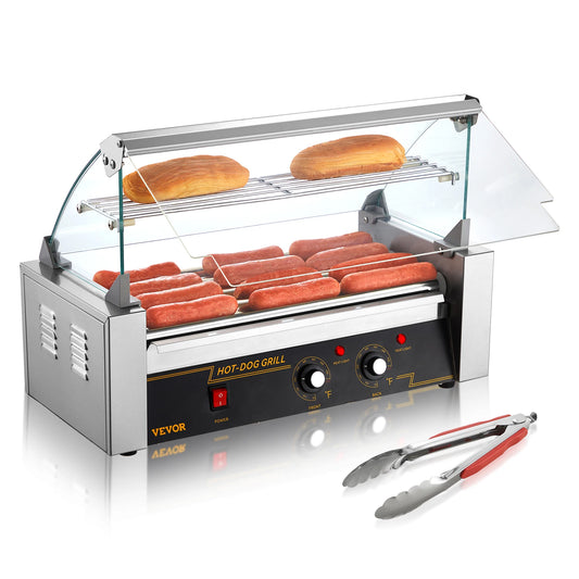 VEVOR Hot Dog Roller 5Rollers 12 Hot Dogs Capacity 750W Stainless Sausage Grill Cooker Machine with Dual Temp Control Glass Hood