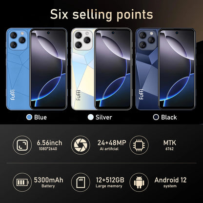 I16 Pro Smartphone 5G Android 5300mAH 12GB RAM 512G ROM 6.56Inch 1080x2640HD 24 + 48MP MTK10 Telefono cellulare di rete 4G