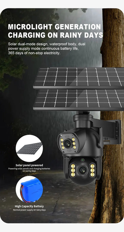 CON PANNELLO SOLARE-8MP 4K PTZ Fotocamera solare all'aperto 4G Scheda SIM Doppia lente Fotocamera a doppio schermo PIR Rilevamento del corpo umano Built-in sicurezza della durata della batteria
