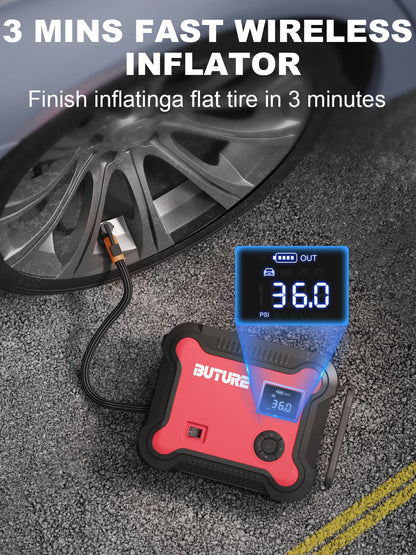 Compressore d'aria Buture 5 in 1 per auto con avviamento di emergenza, power bank da 26800 mAh, batteria portatile, gonfiatore digitale per pneumatici con uscita CC da 160 W