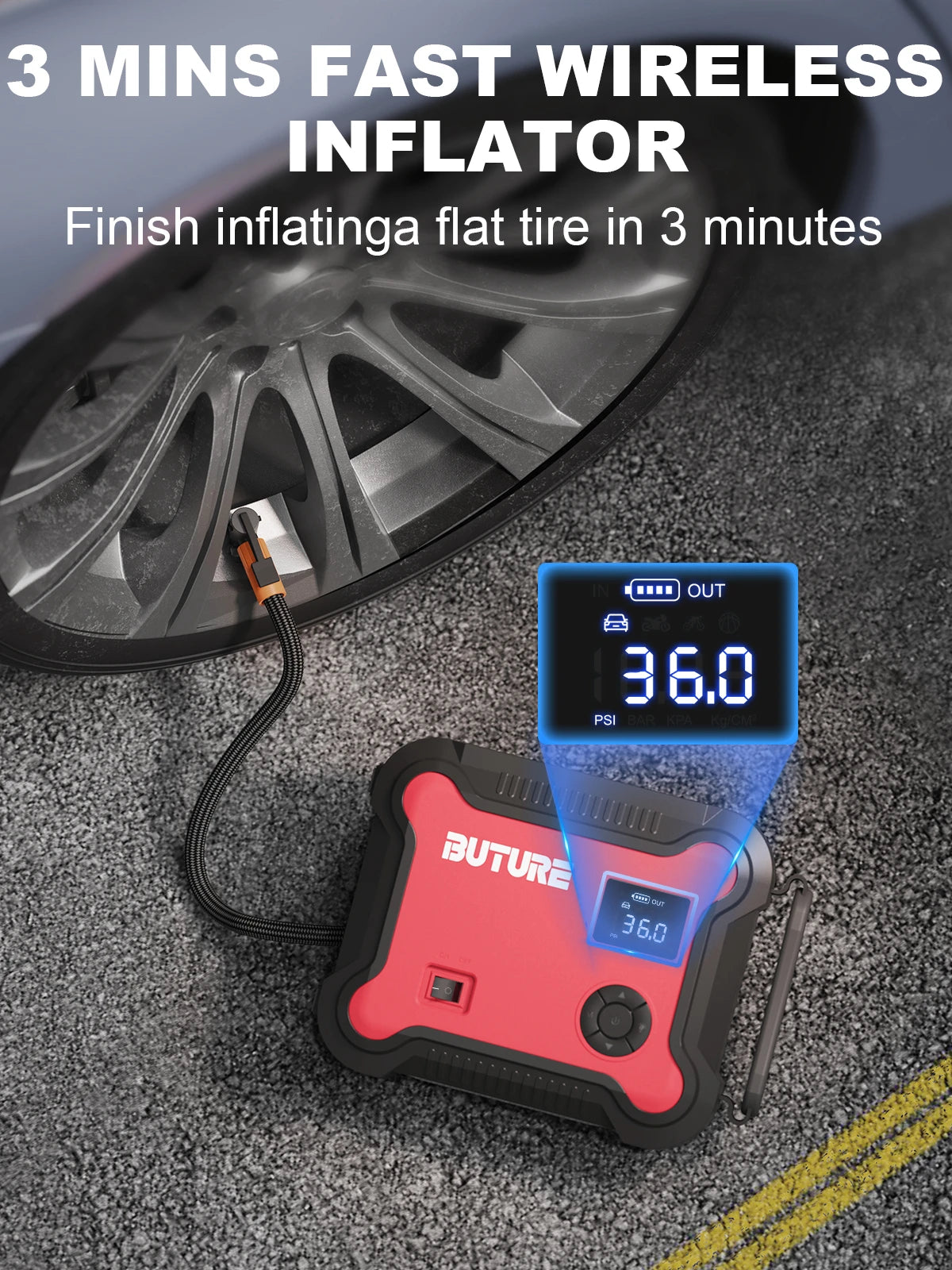 Compressore d'aria Buture 5 in 1 per auto con avviamento di emergenza, power bank da 26800 mAh, batteria portatile, gonfiatore digitale per pneumatici con uscita CC da 160 W
