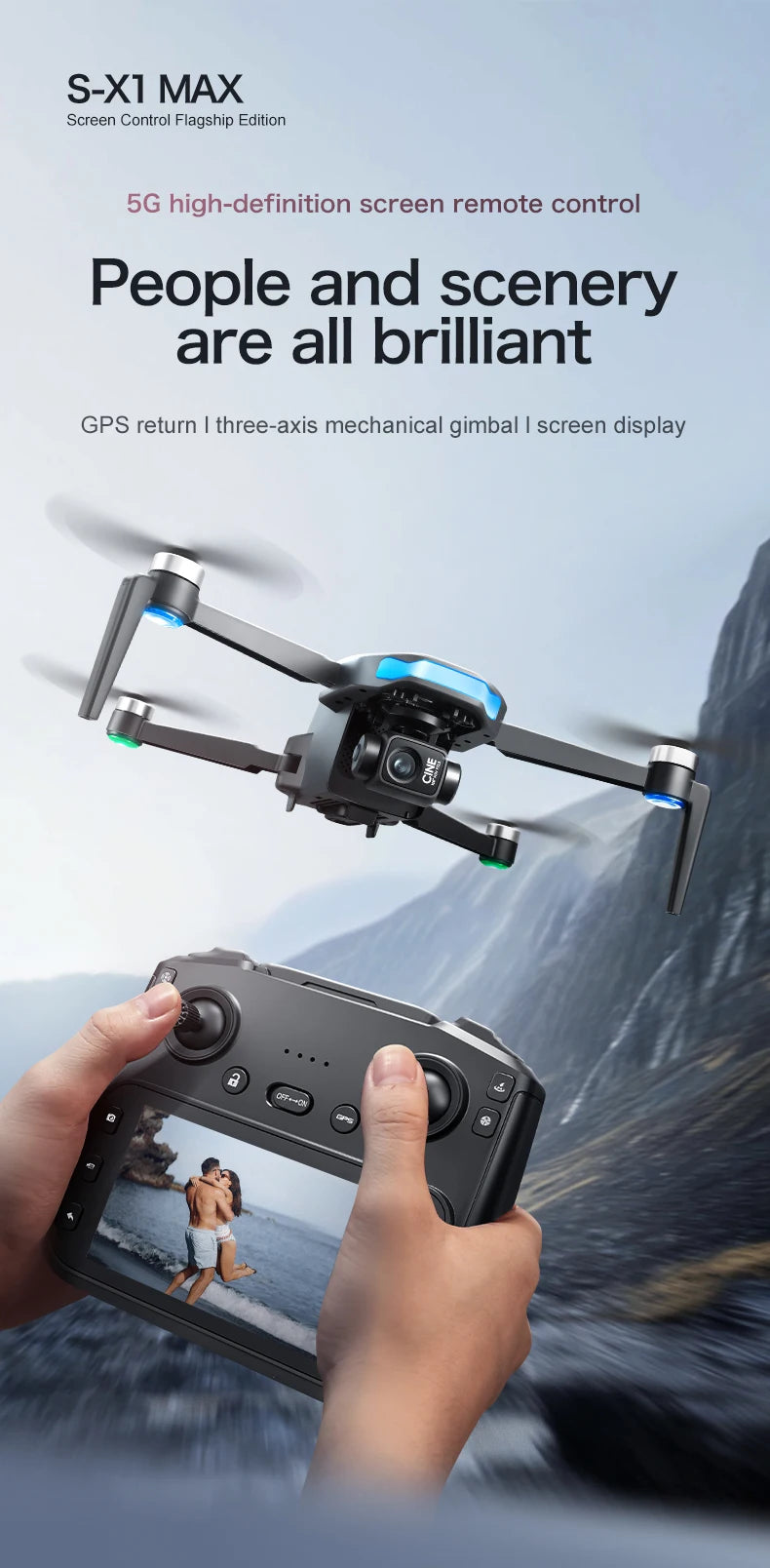 S-X1 Nuovo drone con schermo a 3 assi anti-shake Gimbal 4K Aerial Brushless Drones RC Quadcopter 5G GPS 8K HD Telecamere EIS Mini Dron
