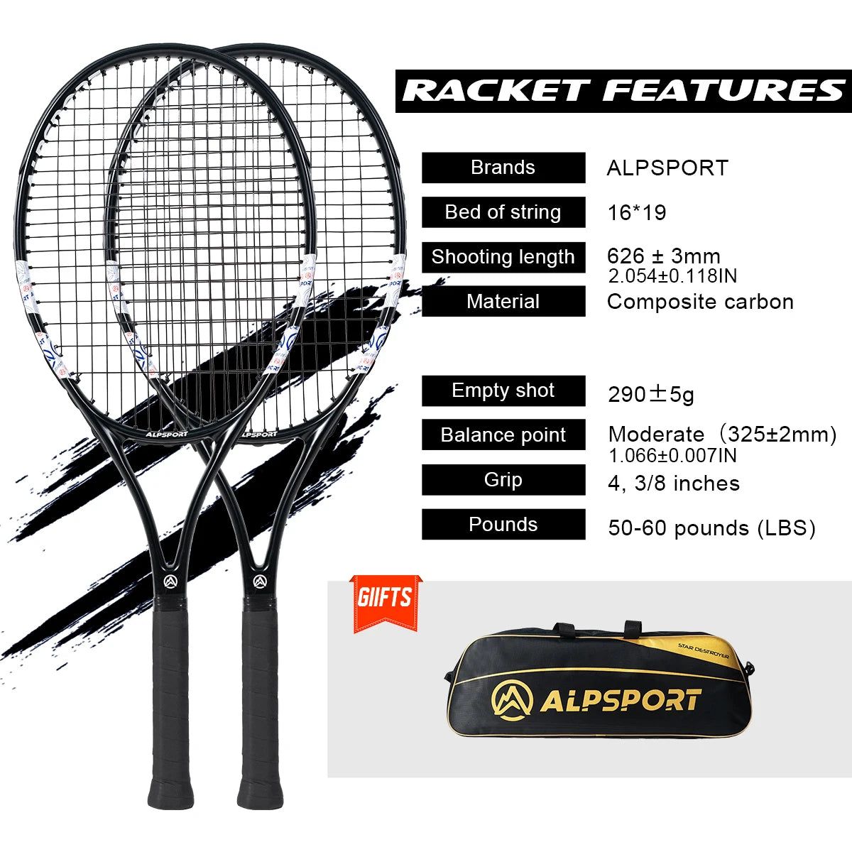 ALPSPORT Racchetta da tennis in fibra di carbonio T800 18K Racchetta professionale con borsa Racchetta da allenamento leggera per adulti Uomini Donne