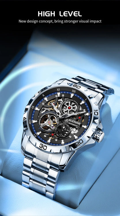 GLENAW Steampunk Skeleton Men’s Watch Ring di lusso automatico meccanico Luminous impermeabile in acciaio inossidabile cinturino orologio