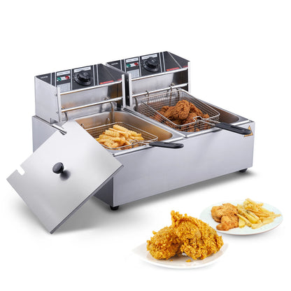 VEVOR  Commercial Electric Deep Fryer w/Dual Tanks 12L 3000W  Stainless Steel Countertop Fryer for Fried Chicken French Fries
