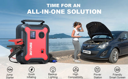 Compressore d'aria Buture 5 in 1 per auto con avviamento di emergenza, power bank da 26800 mAh, batteria portatile, gonfiatore digitale per pneumatici con uscita CC da 160 W