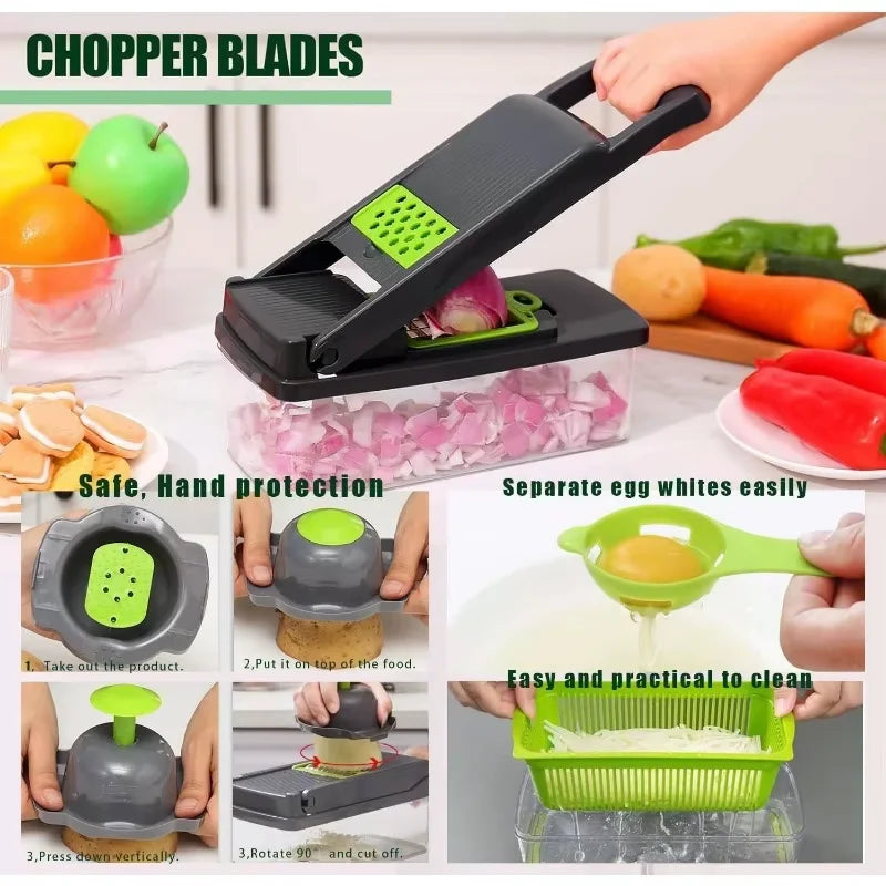 Tritaverdure multifunzionale 14 in 1, tritacipolle, manico, griglia per alimenti, tritatutto, affettaverdure da cucina, taglio a cubetti