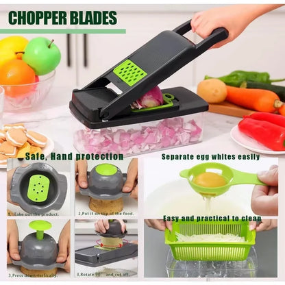 Tritaverdure multifunzionale 14 in 1, tritacipolle, manico, griglia per alimenti, tritatutto, affettaverdure da cucina, taglio a cubetti