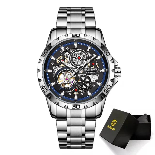 GLENAW Steampunk Skeleton Men’s Watch Ring di lusso automatico meccanico Luminous impermeabile in acciaio inossidabile cinturino orologio