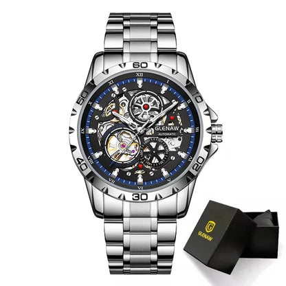 GLENAW Steampunk Skeleton Men’s Watch Ring di lusso automatico meccanico Luminous impermeabile in acciaio inossidabile cinturino orologio