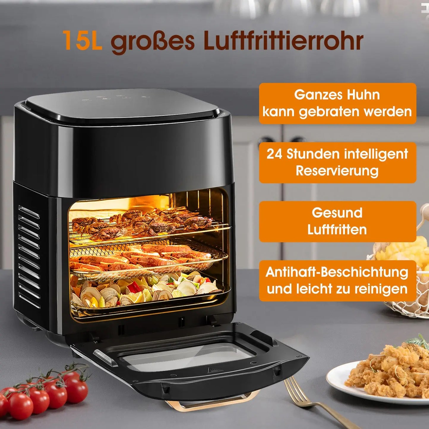 Grande friggitrice ad aria elettrica da 15L, senza olio da 220 V, con 6 modalità di cottura, forno a convezione intelligente da 1800 W per la casa, schermo touch a LED