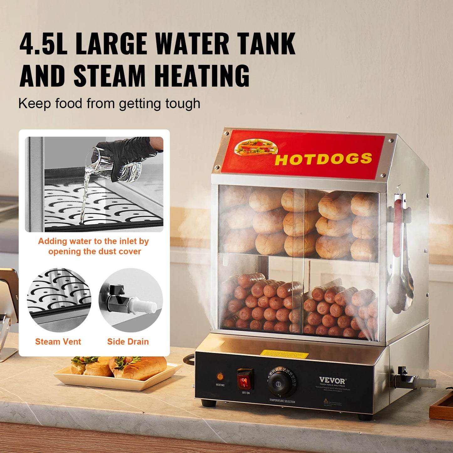 SucceBuy 27/37L 2Tiers Hot Dog Steamer con il controllo della temperatura dell'acciaio inossidabile elettrico panino scaldabagno per hot dog e bar per il cinema