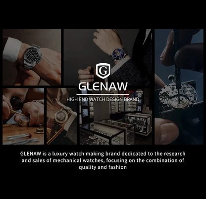 GLENAW Steampunk Skeleton Men’s Watch Ring di lusso automatico meccanico Luminous impermeabile in acciaio inossidabile cinturino orologio