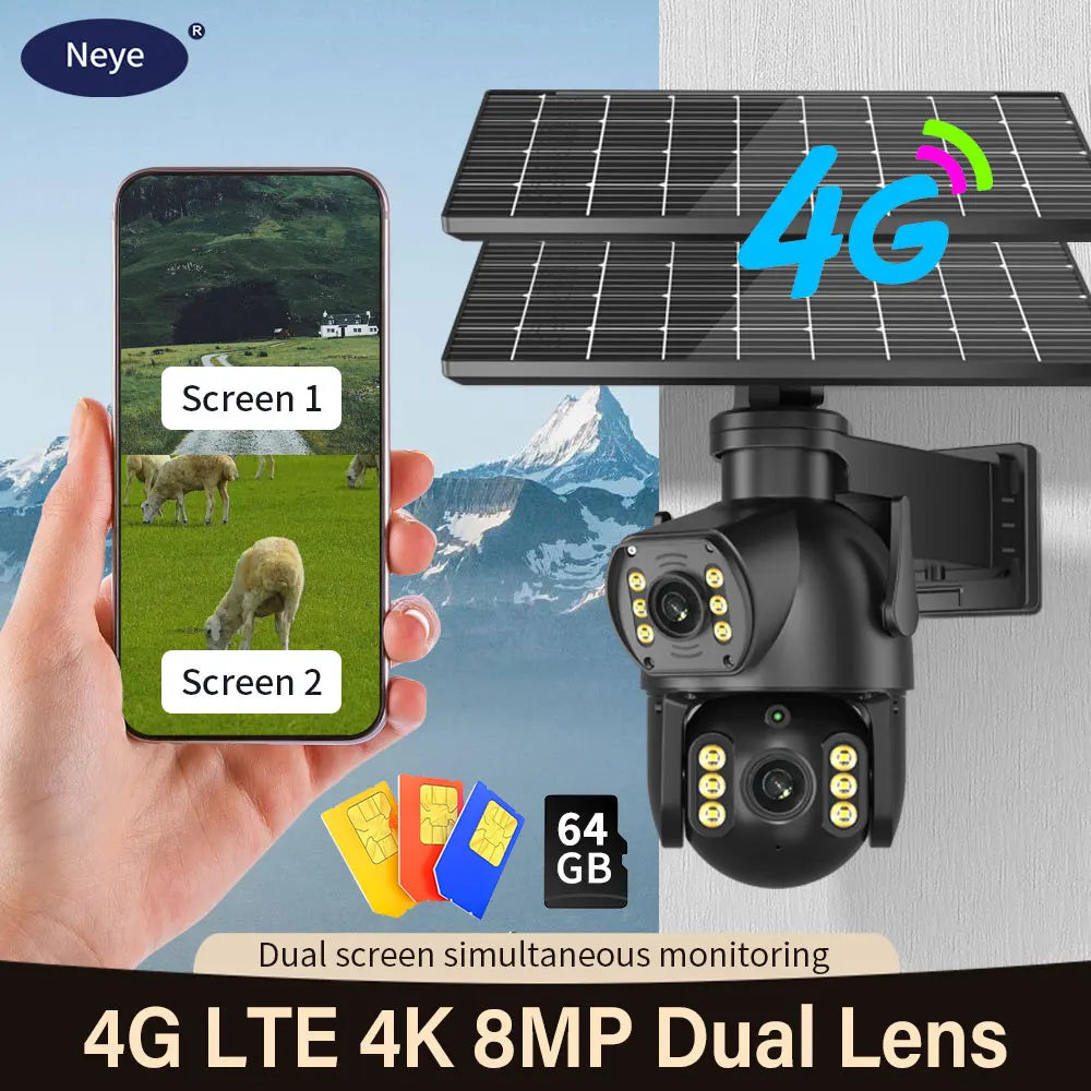 CON PANNELLO SOLARE-8MP 4K PTZ Fotocamera solare all'aperto 4G Scheda SIM Doppia lente Fotocamera a doppio schermo PIR Rilevamento del corpo umano Built-in sicurezza della durata della batteria