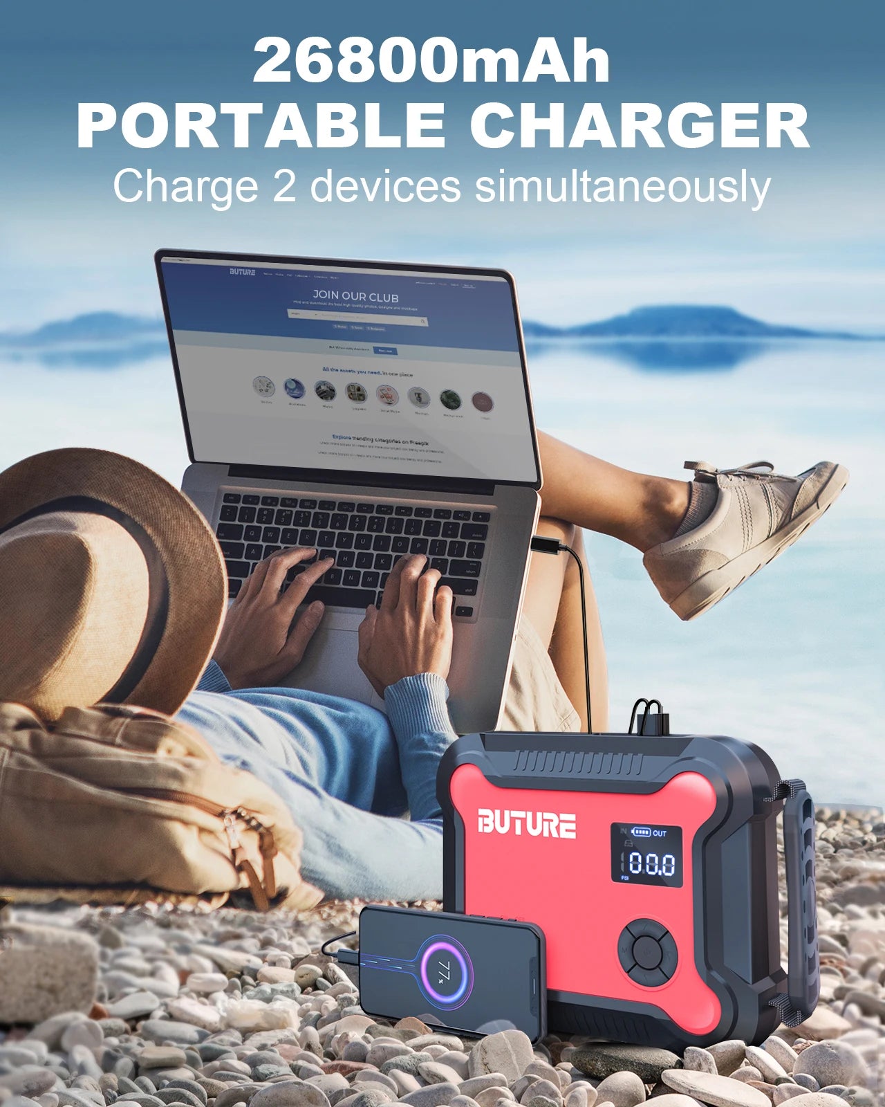 Compressore d'aria Buture 5 in 1 per auto con avviamento di emergenza, power bank da 26800 mAh, batteria portatile, gonfiatore digitale per pneumatici con uscita CC da 160 W