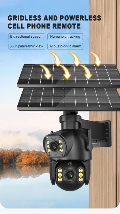 CON PANNELLO SOLARE-8MP 4K PTZ Fotocamera solare all'aperto 4G Scheda SIM Doppia lente Fotocamera a doppio schermo PIR Rilevamento del corpo umano Built-in sicurezza della durata della batteria