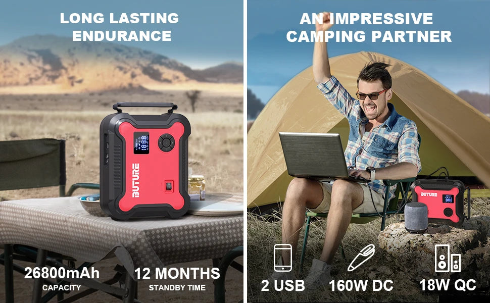 Compressore d'aria Buture 5 in 1 per auto con avviamento di emergenza, power bank da 26800 mAh, batteria portatile, gonfiatore digitale per pneumatici con uscita CC da 160 W