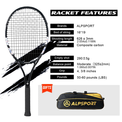 ALPSPORT Racchetta da tennis in fibra di carbonio T800 18K Racchetta professionale con borsa Racchetta da allenamento leggera per adulti Uomini Donne