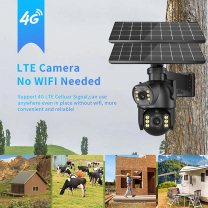 CON PANNELLO SOLARE-8MP 4K PTZ Fotocamera solare all'aperto 4G Scheda SIM Doppia lente Fotocamera a doppio schermo PIR Rilevamento del corpo umano Built-in sicurezza della durata della batteria