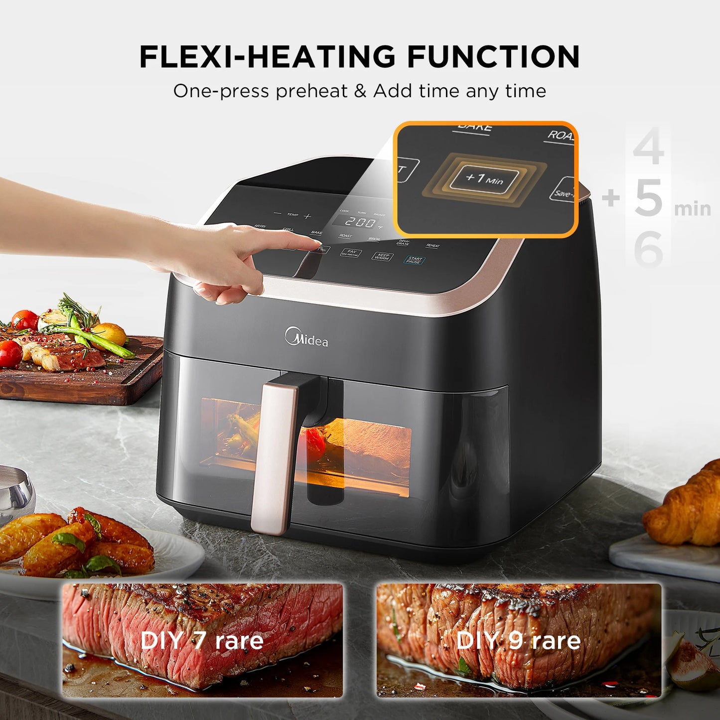 Midea XXL Air Fryer 9 L, 8-in-1, camere extra larghe, max 200 °C, friggitrice senza olio, grigliare, cuocere al forno, arrostire, MAD85F9BPK