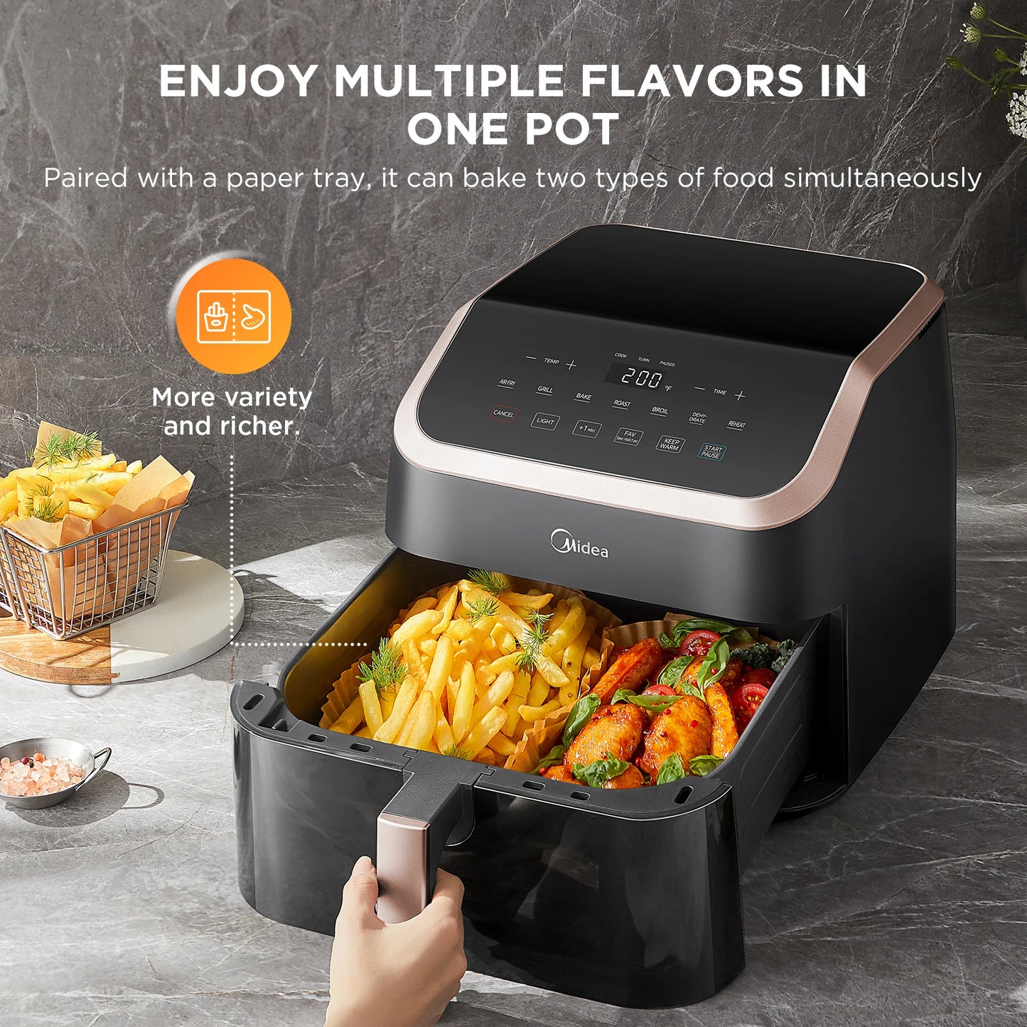 Midea XXL Air Fryer 9 L, 8-in-1, camere extra larghe, max 200 °C, friggitrice senza olio, grigliare, cuocere al forno, arrostire, MAD85F9BPK