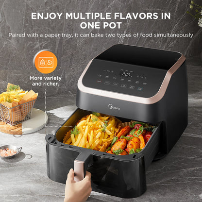 Midea XXL Air Fryer 9 L, 8-in-1, camere extra larghe, max 200 °C, friggitrice senza olio, grigliare, cuocere al forno, arrostire, MAD85F9BPK