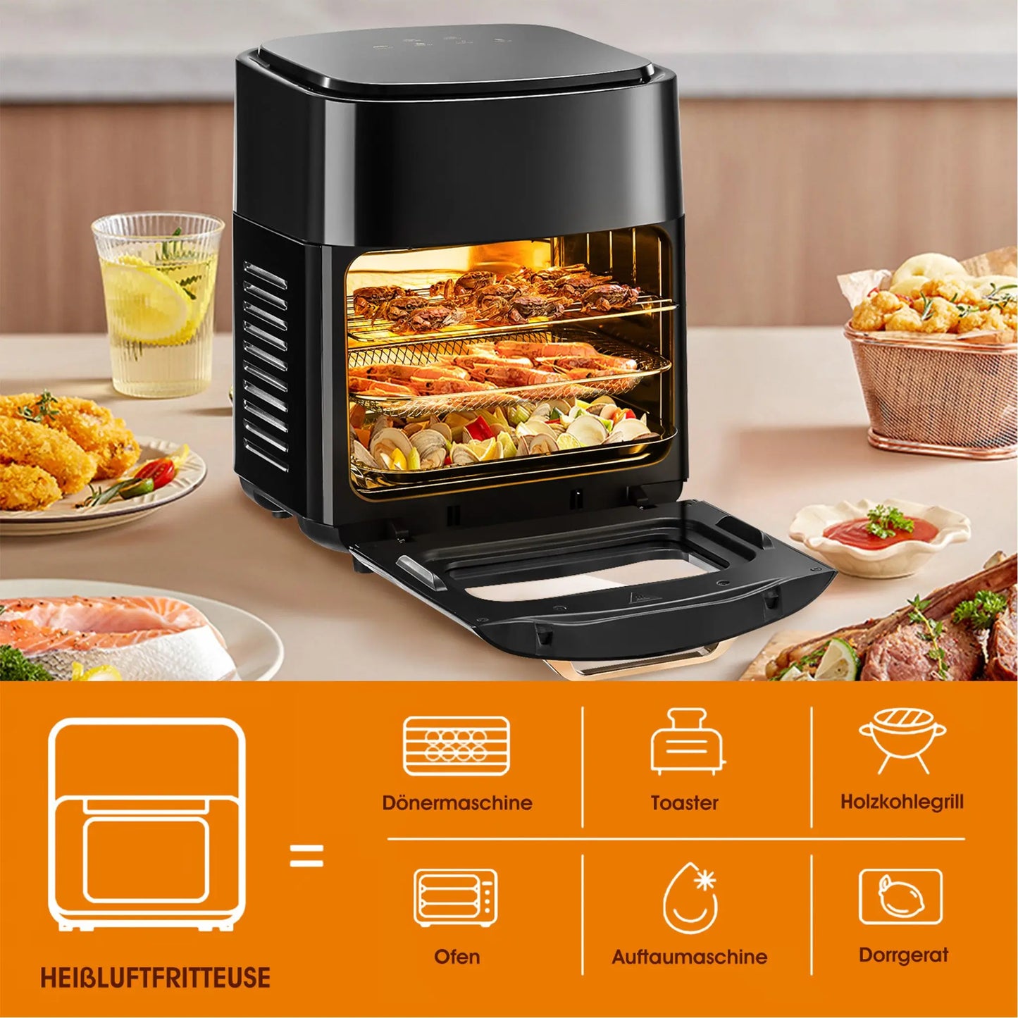 Grande friggitrice ad aria elettrica da 15L, senza olio da 220 V, con 6 modalità di cottura, forno a convezione intelligente da 1800 W per la casa, schermo touch a LED