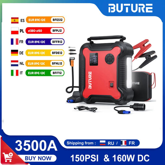 Compressore d'aria Buture 5 in 1 per auto con avviamento di emergenza, power bank da 26800 mAh, batteria portatile, gonfiatore digitale per pneumatici con uscita CC da 160 W