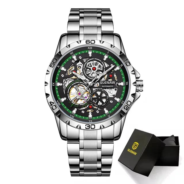 GLENAW Steampunk Skeleton Men’s Watch Ring di lusso automatico meccanico Luminous impermeabile in acciaio inossidabile cinturino orologio