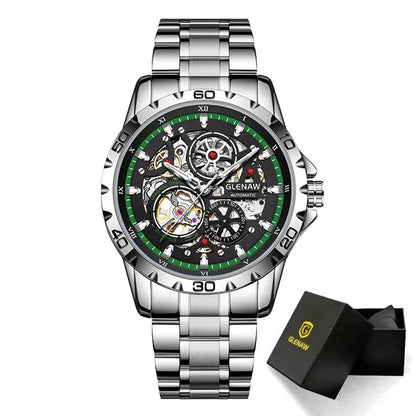 GLENAW Steampunk Skeleton Men’s Watch Ring di lusso automatico meccanico Luminous impermeabile in acciaio inossidabile cinturino orologio