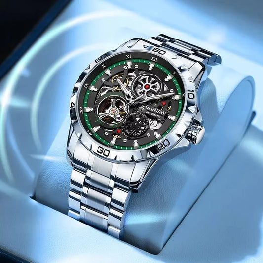 GLENAW Steampunk Skeleton Men’s Watch Ring di lusso automatico meccanico Luminous impermeabile in acciaio inossidabile cinturino orologio