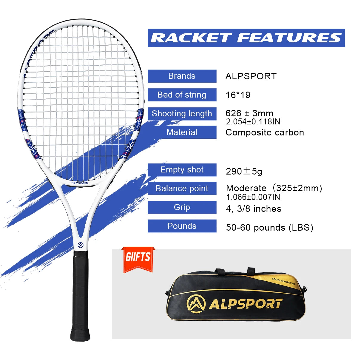 ALPSPORT Racchetta da tennis in fibra di carbonio T800 18K Racchetta professionale con borsa Racchetta da allenamento leggera per adulti Uomini Donne