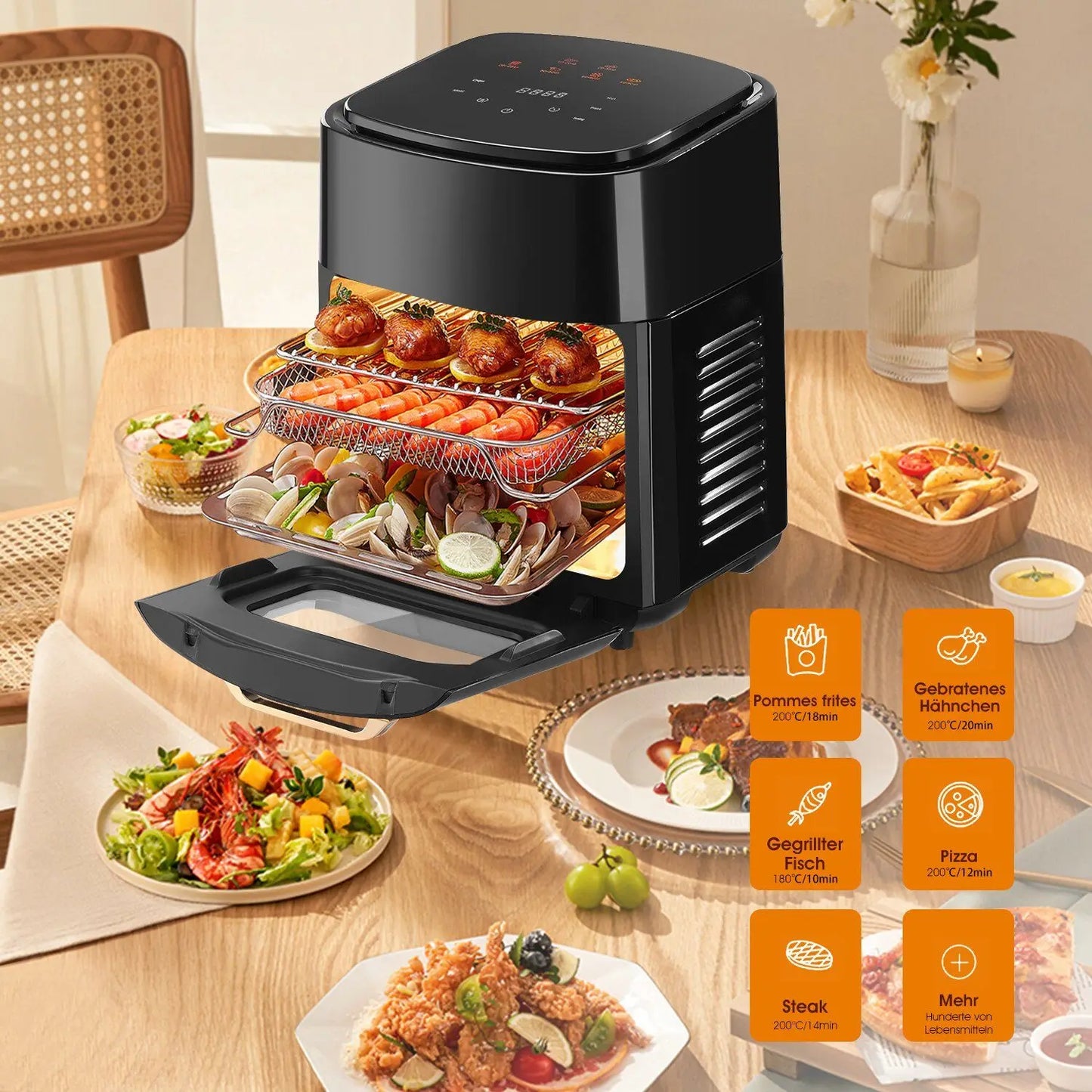 Grande friggitrice ad aria elettrica da 15L, senza olio da 220 V, con 6 modalità di cottura, forno a convezione intelligente da 1800 W per la casa, schermo touch a LED