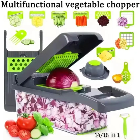 Tritaverdure multifunzionale 14 in 1, tritacipolle, manico, griglia per alimenti, tritatutto, affettaverdure da cucina, taglio a cubetti