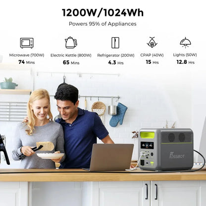Centrale elettrica portatile leggera Fossibot F1200, batteria LiFePO4 da 1024 Wh, generatore solare da 1200 W, backup domestico, campeggio all'aperto, alimentazione mobile