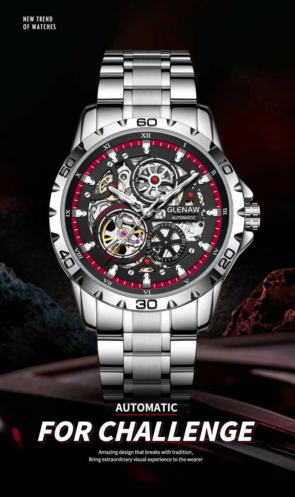 GLENAW Steampunk Skeleton Men’s Watch Ring di lusso automatico meccanico Luminous impermeabile in acciaio inossidabile cinturino orologio