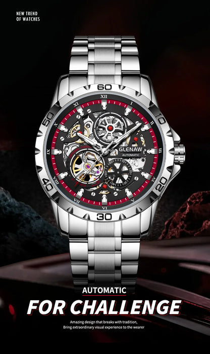GLENAW Steampunk Skeleton Men’s Watch Ring di lusso automatico meccanico Luminous impermeabile in acciaio inossidabile cinturino orologio