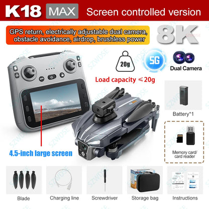 K18 Max 4,5 pollici grande schermo Drone 360° Laser per evitare ostacoli Posizionamento GPS Flusso ottico Dispositivo di lancio aereo RC Drone Giocattolo