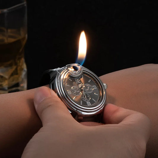 Orologio da esterno, accendino ricaricabile, alla moda, in metallo, a gas, antivento, portatile, a fiamma libera, per fumatori, fantastico regalo di personalità 2025, nuovo