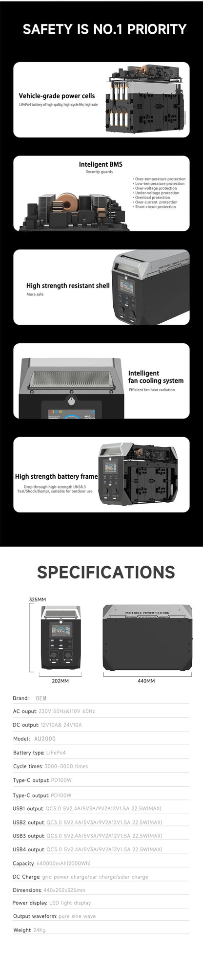 2000W/2048Wh Portable Power Station 640000mAh 220V LifePo4 Batterie Generator+200W Solar Panel Powerstation Emergency Backup