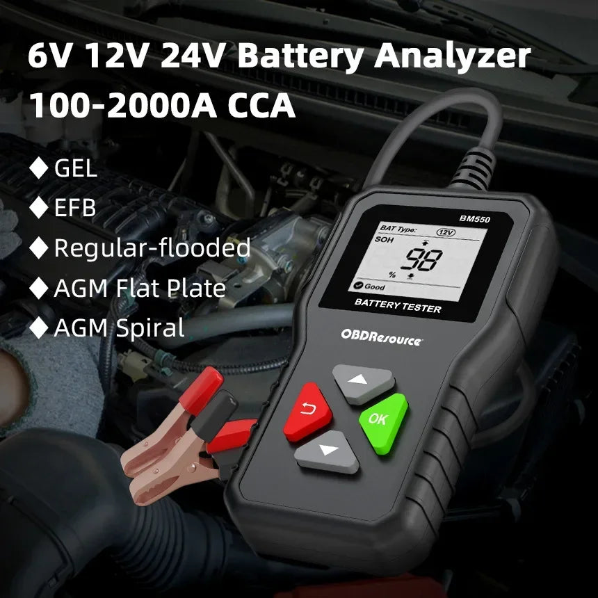 Tester per batterie 24V 6V 12V BM550 100-2000 Analizzatore di test CCA Strumento diagnostico Rilevatore Accessori per auto Moto Rimorchio per camion