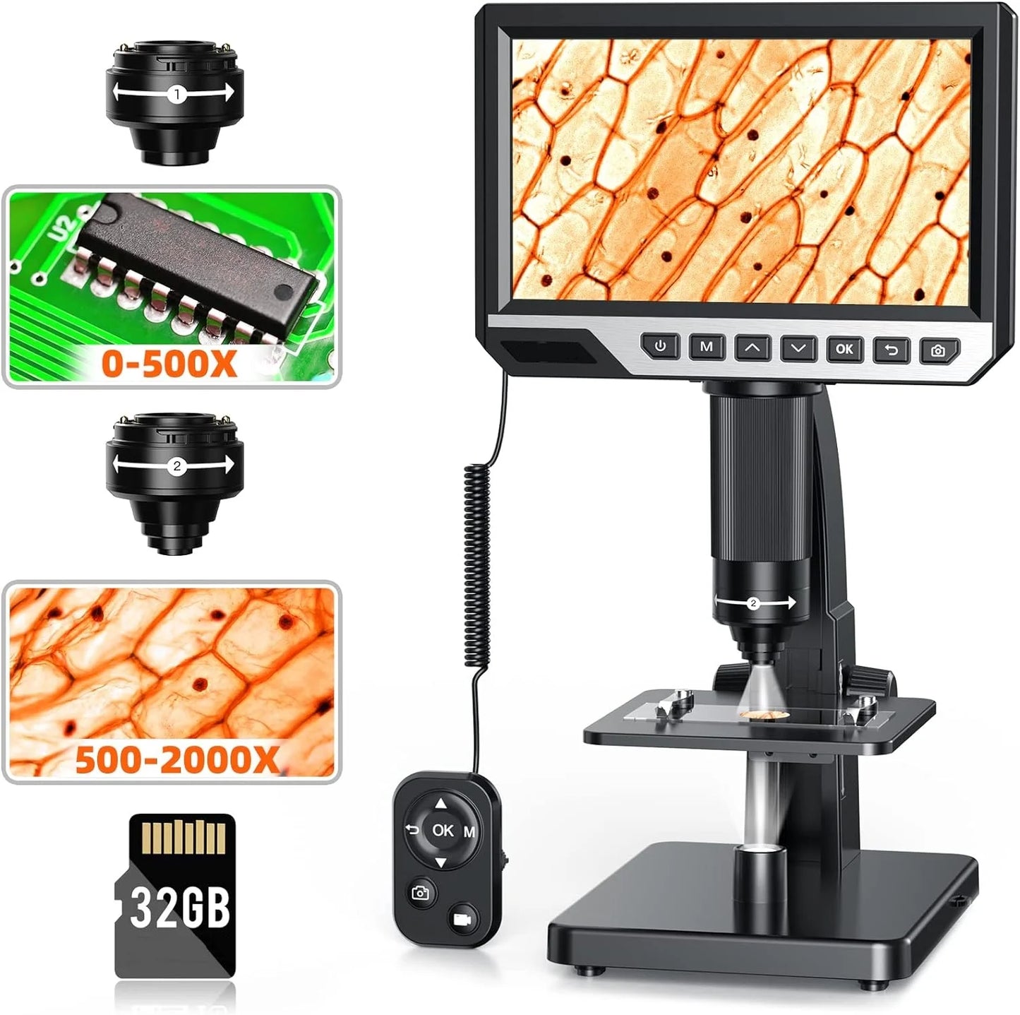 7 pollici HD Microscopi digitali 500X-1500X ad alta definizione imaging plastica corpo cablato telecomando monoculare video microscopio