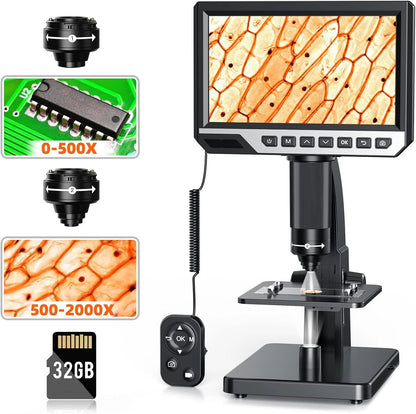 7 pollici HD Microscopi digitali 500X-1500X ad alta definizione imaging plastica corpo cablato telecomando monoculare video microscopio