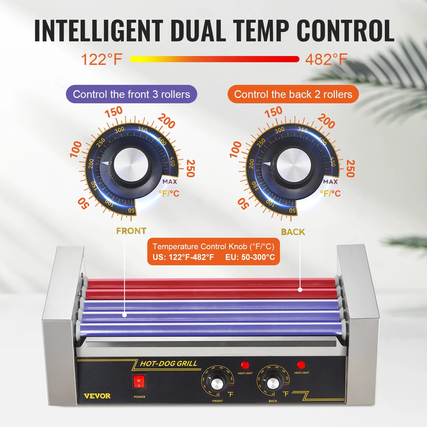 VEVOR Hot Dog Roller 5Rollers 12 Hot Dogs Capacity 750W Stainless Sausage Grill Cooker Machine with Dual Temp Control Glass Hood