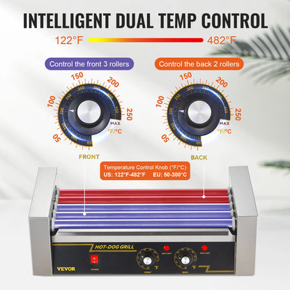 VEVOR Hot Dog Roller 5Rollers 12 Hot Dogs Capacity 750W Stainless Sausage Grill Cooker Machine with Dual Temp Control Glass Hood