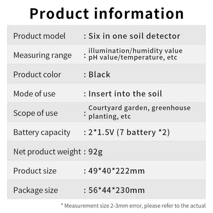 6 in 1 Soil Detector Soil Tester pH Temperature Humidity Sunlight Air Moisture Nutrient Fertility Meter Gardening Tool